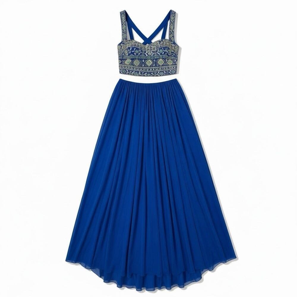 Mac Duggal Blue Beaded Two Piece Gown Set Crop Top Maxi Skirt High Slit Size 14
